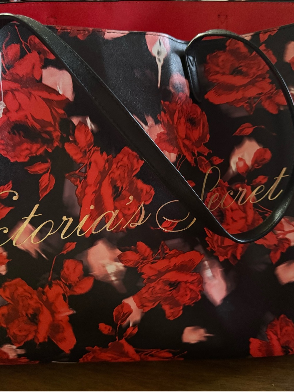 Victoria's Secret Black Tote with Red Rose Print